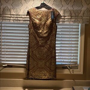 Sue Wong Gold and Brown Embellished Dress